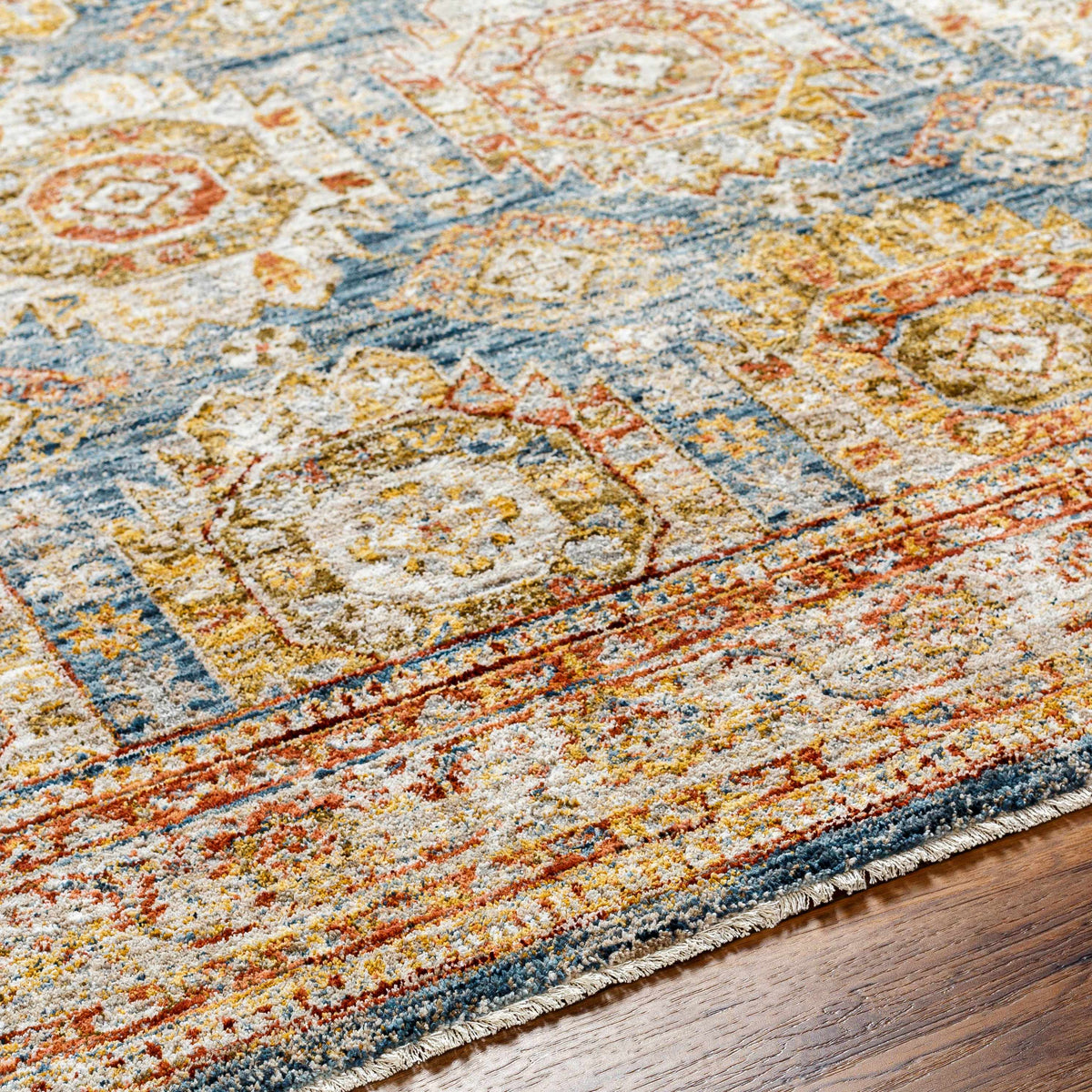 Crescentia Blue & Beige Textured Rug with Fringes