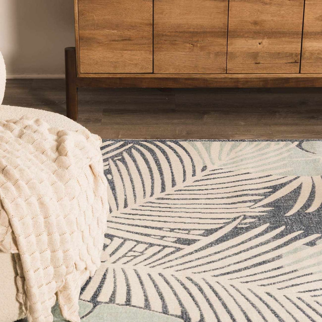 Thebarton Coastal Blue Palm Outdoor Area Rug