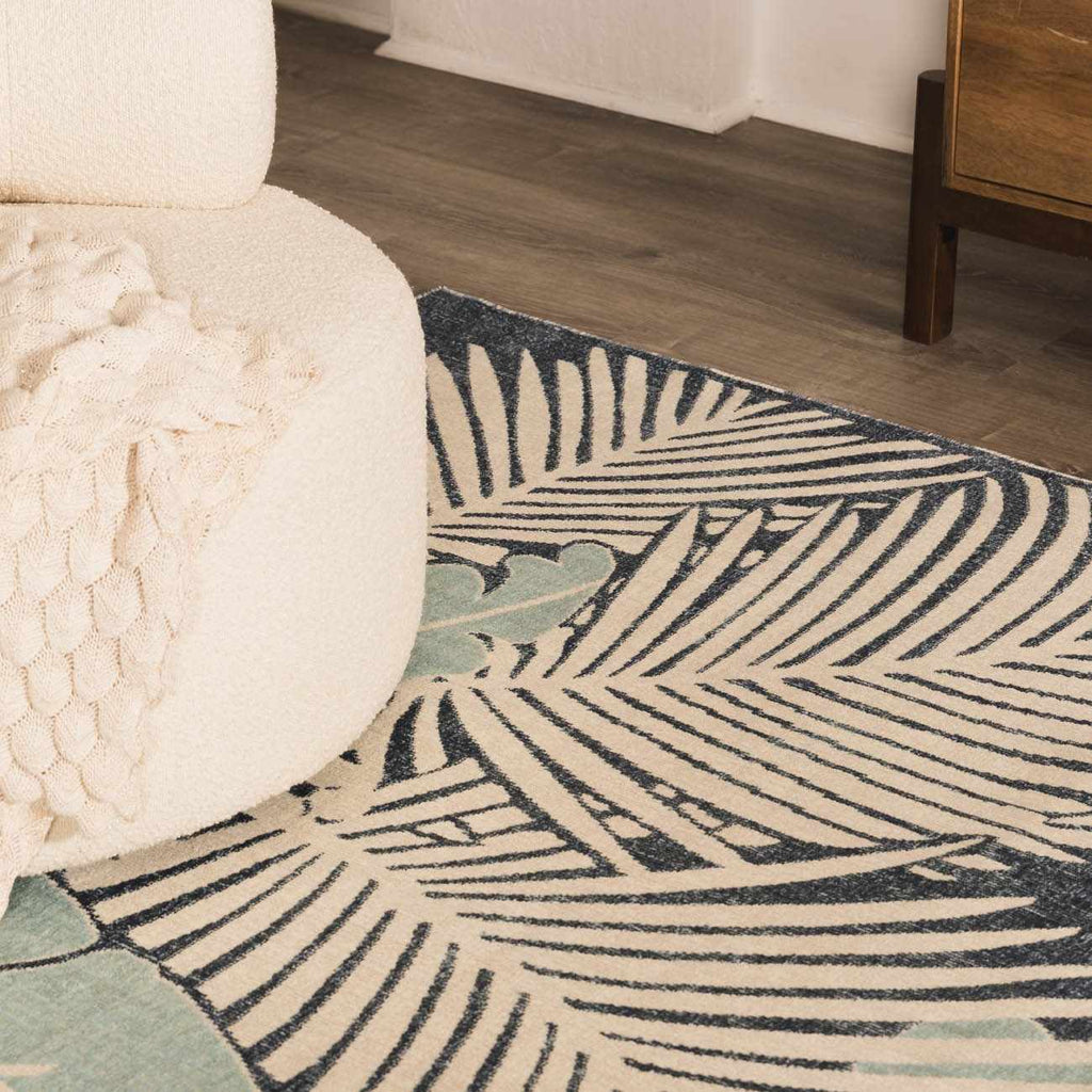 Thebarton Coastal Blue Palm Outdoor Area Rug