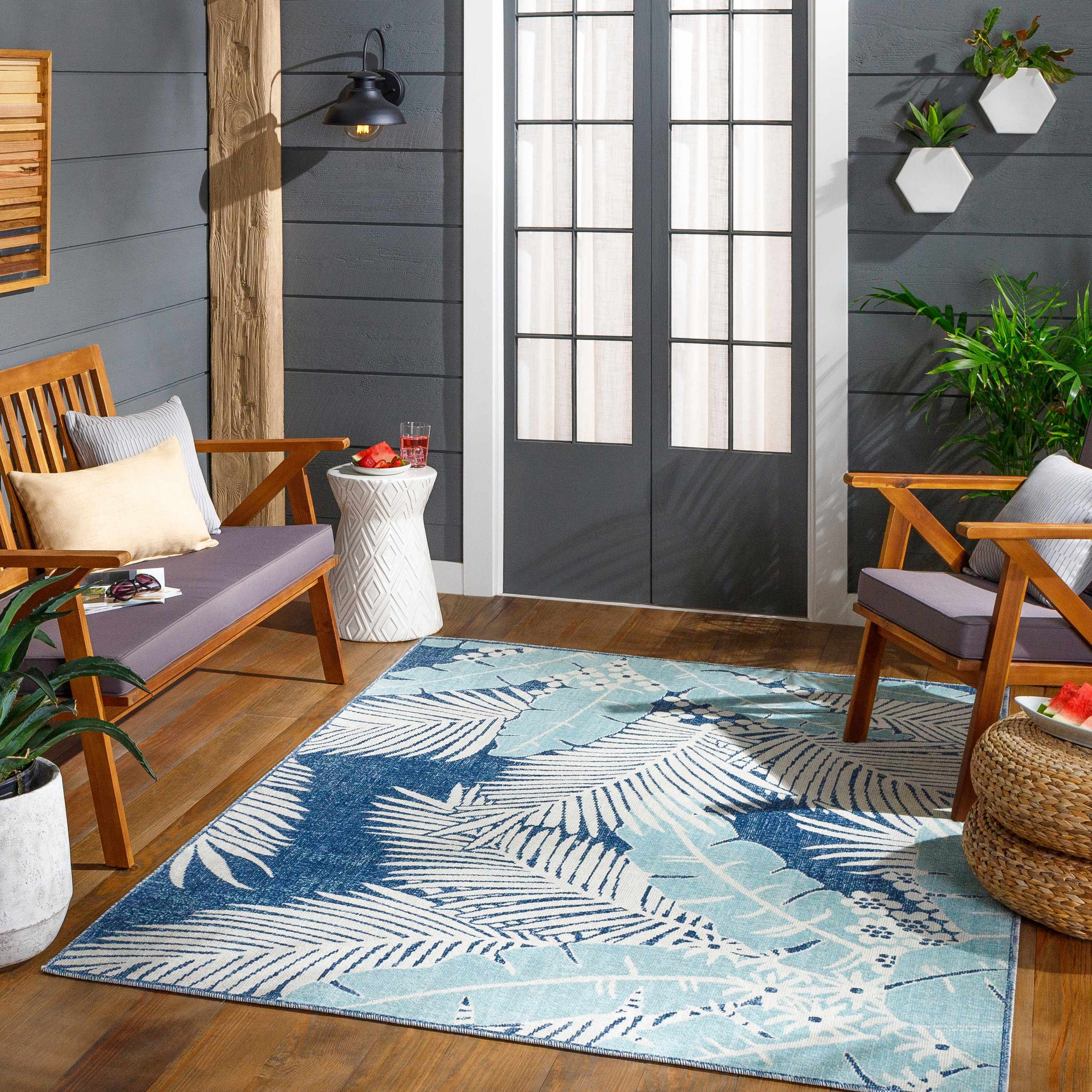 Thebarton Coastal Blue Palm Outdoor Area Rug