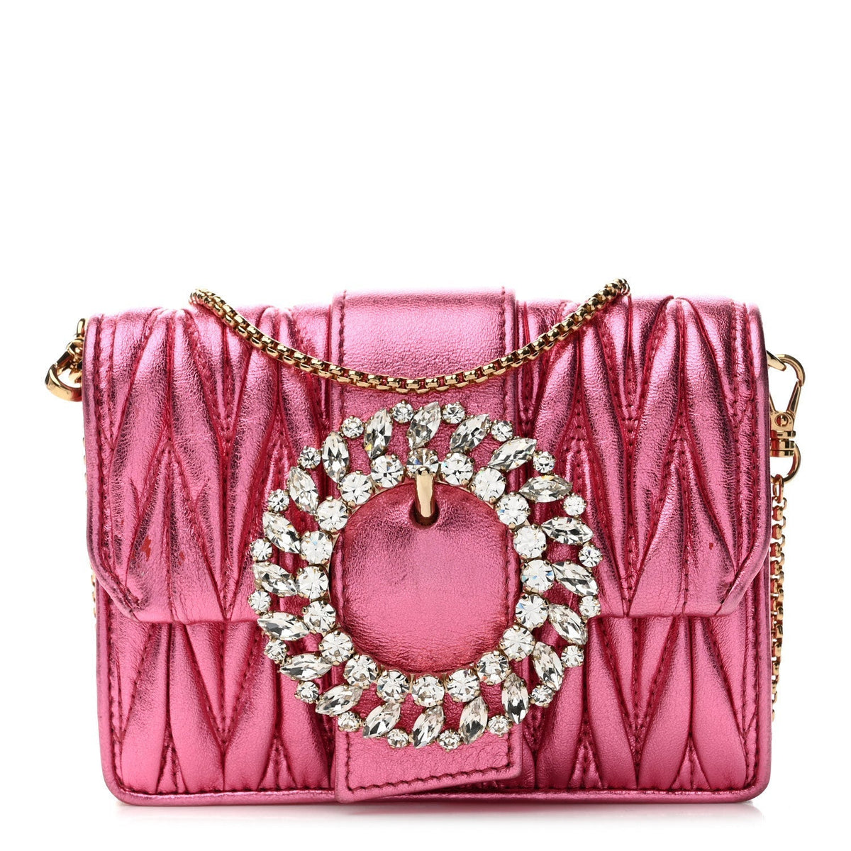 Metallic Nappa Matelasse Crystal Embellished Lady Crossbody Pink
