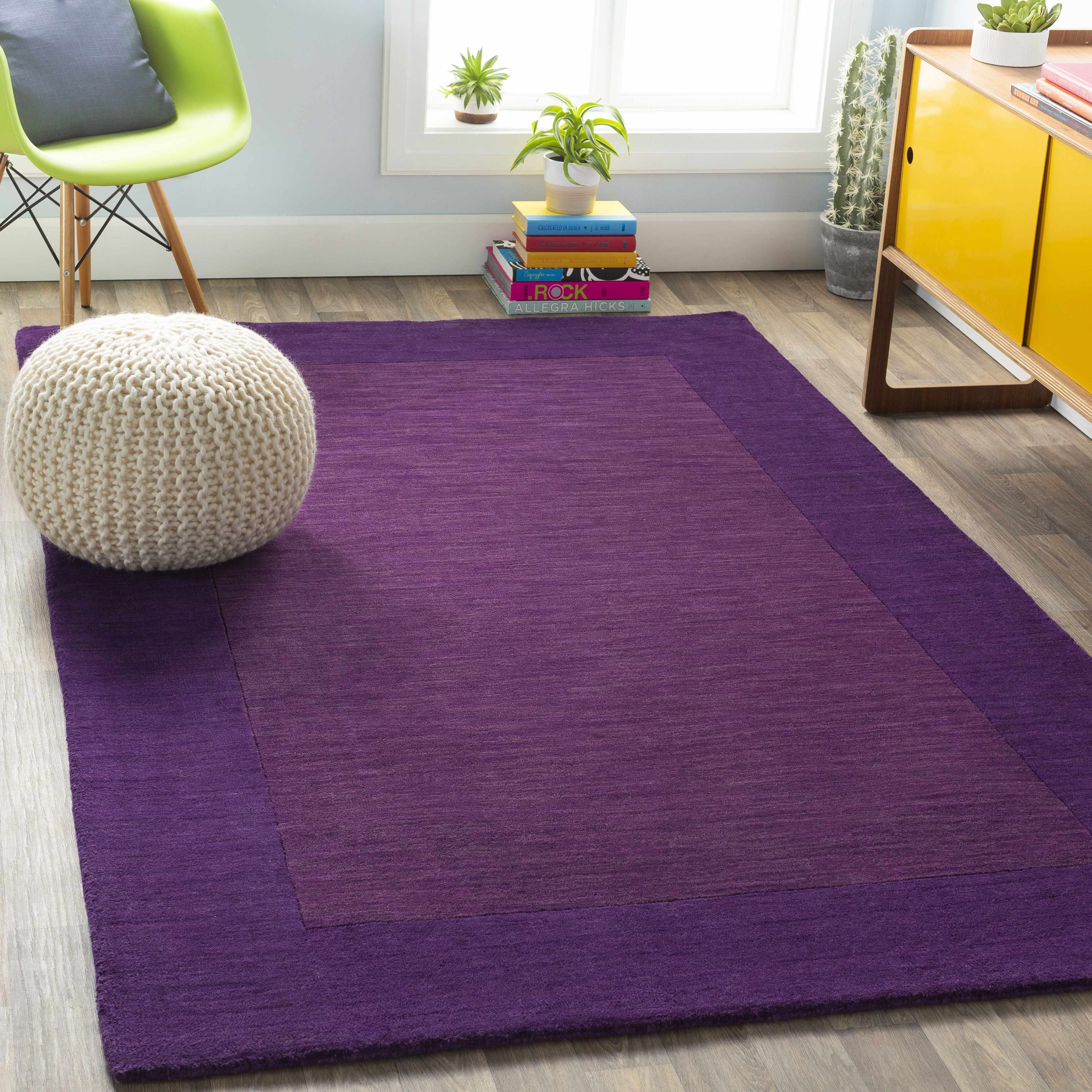 Bordered Solid Plum Purple Wool Rug