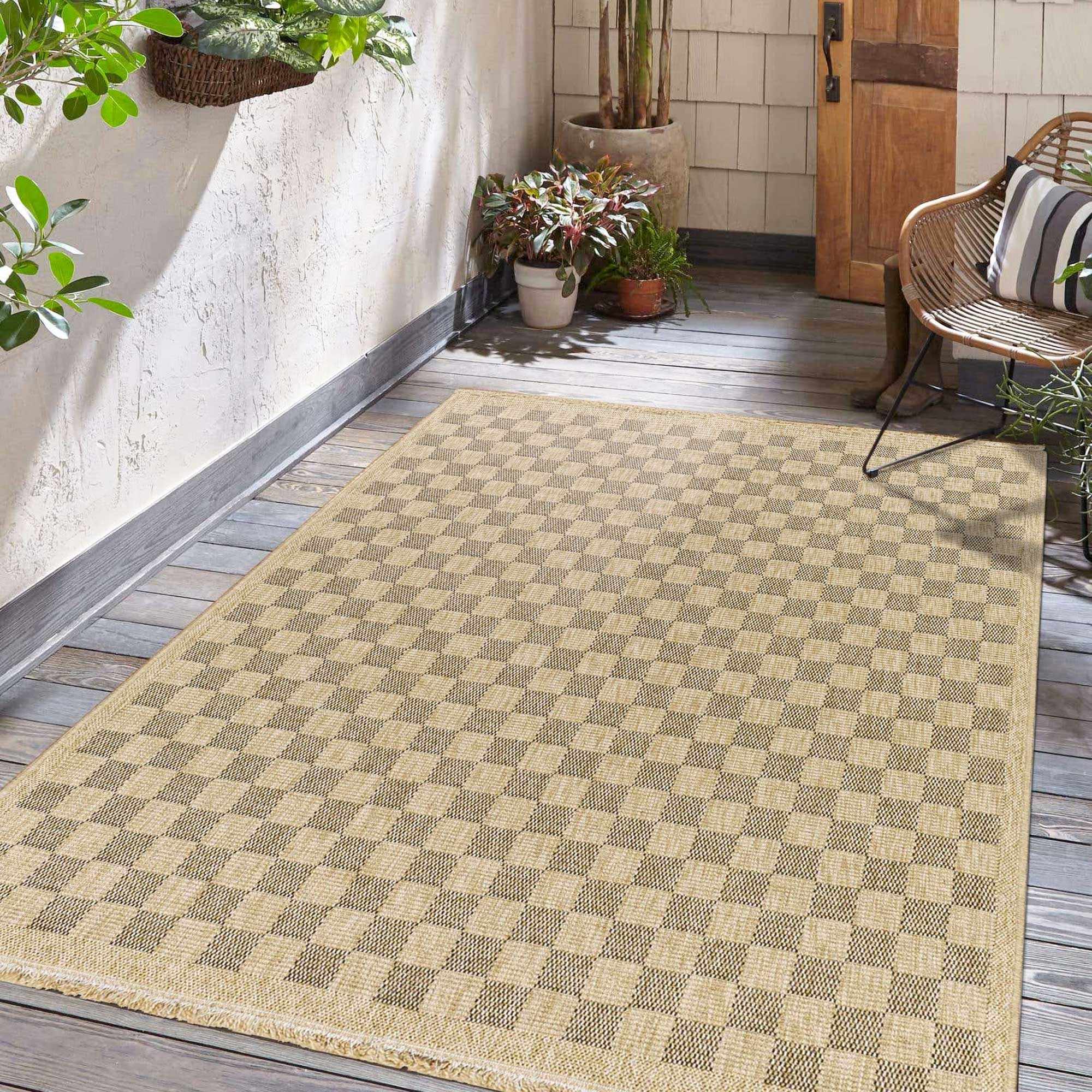 Jurek Beige & Brown Checkered Outdoor Area Rug