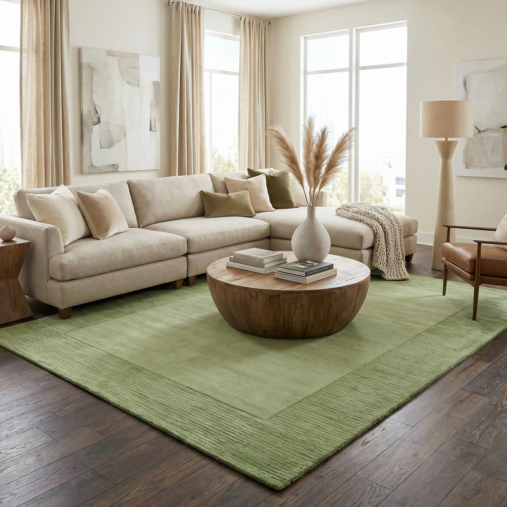 Bordered Solid Green Wool Rug