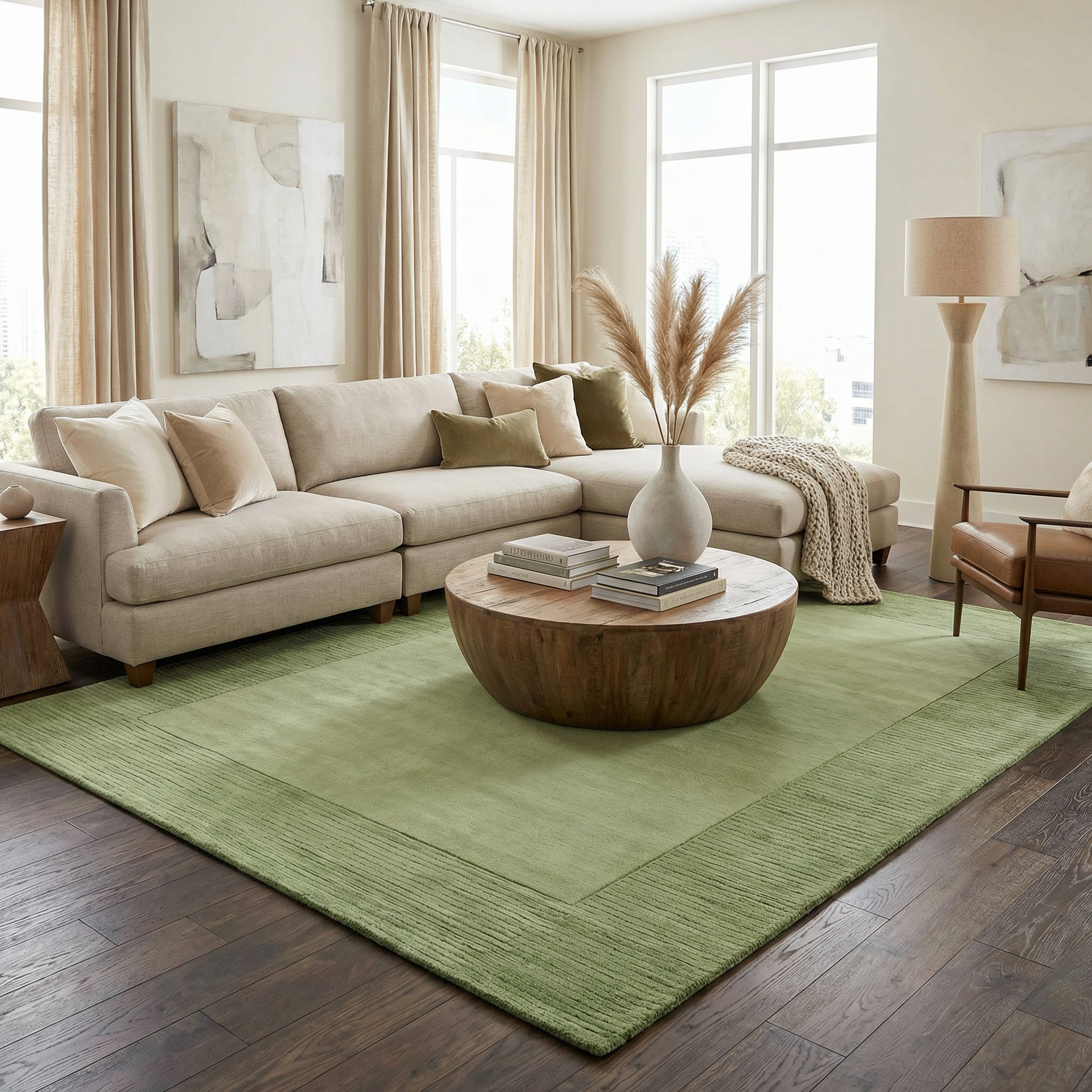 Bordered Solid Green Wool Rug