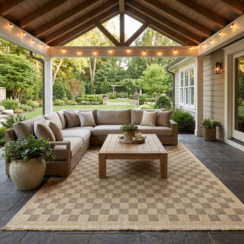 Jurek Beige & Brown Checkered Outdoor Area Rug