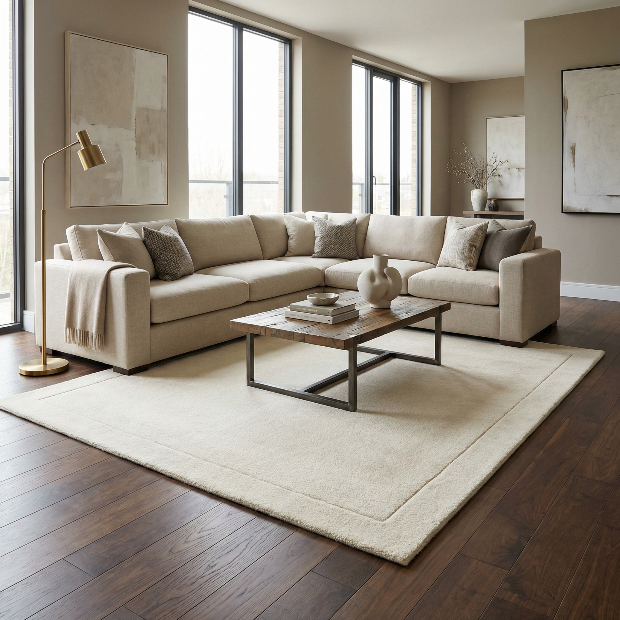 Bordered Solid Beige Cream Wool Rug