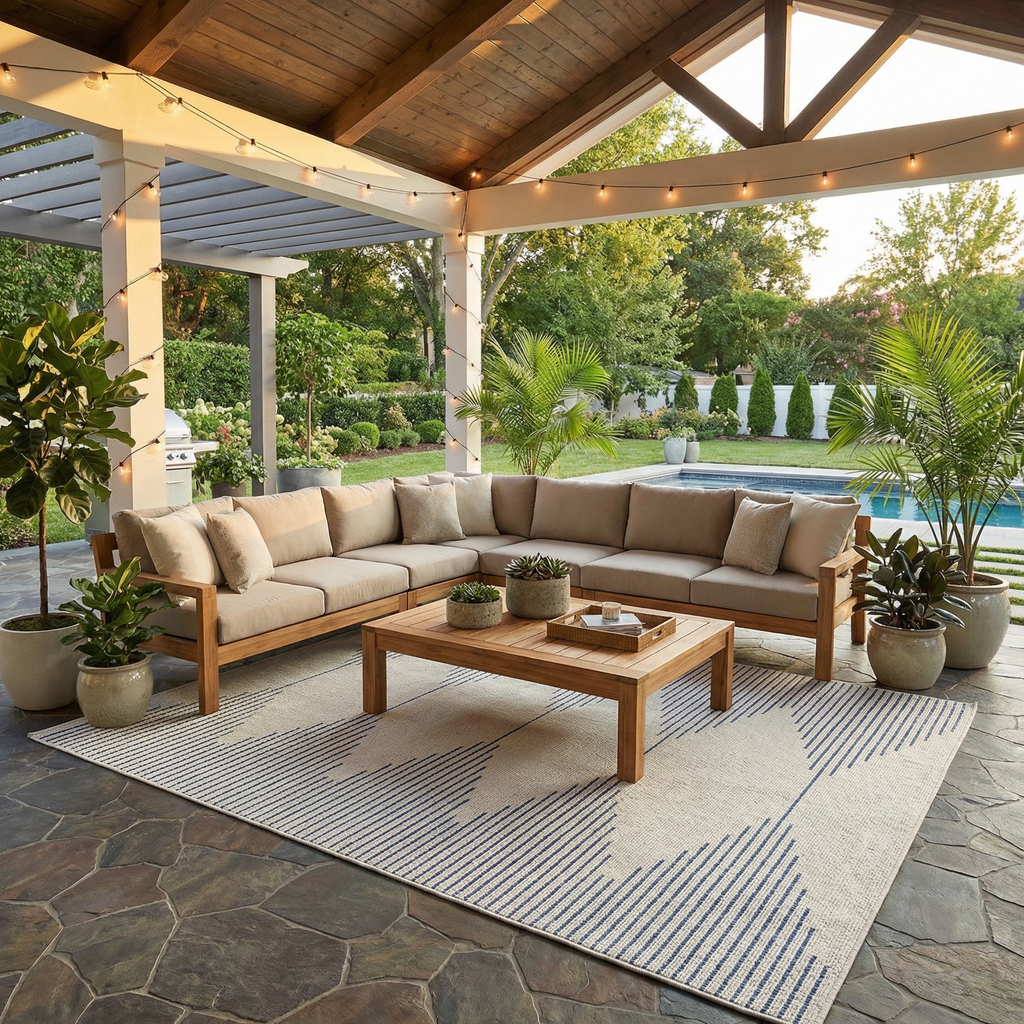 Stephan Blue & Cream Outdoor Rug