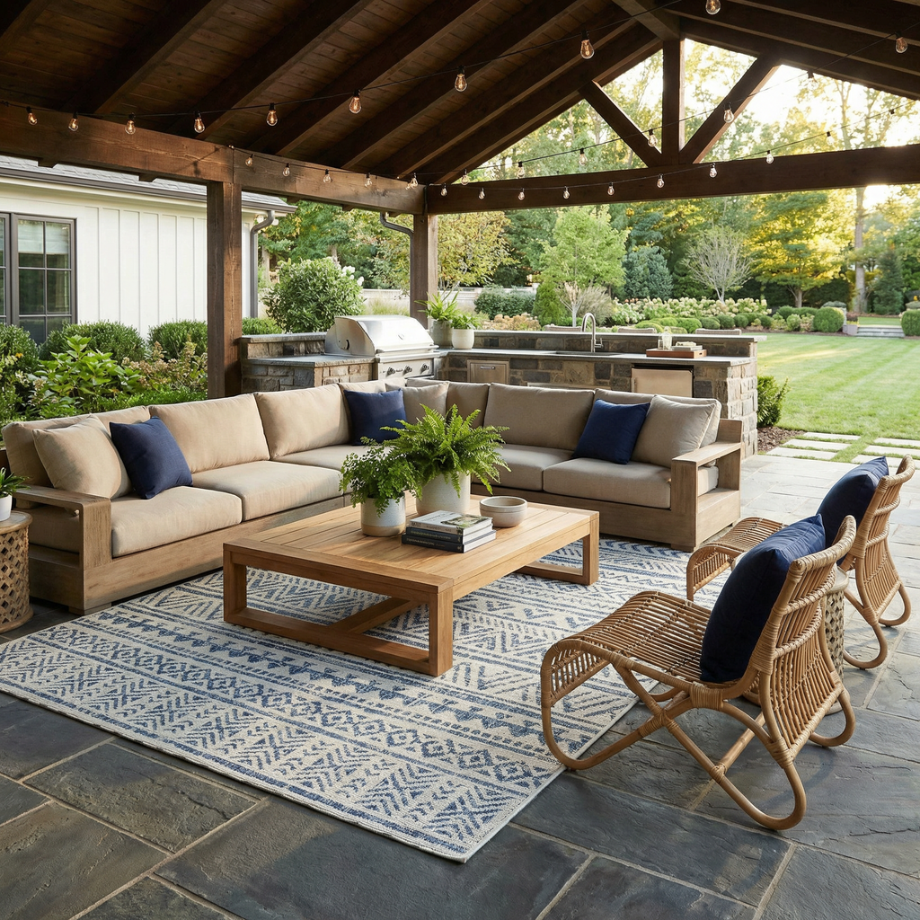 Novato Navy All Over Pattern Performance Outdoor Rug