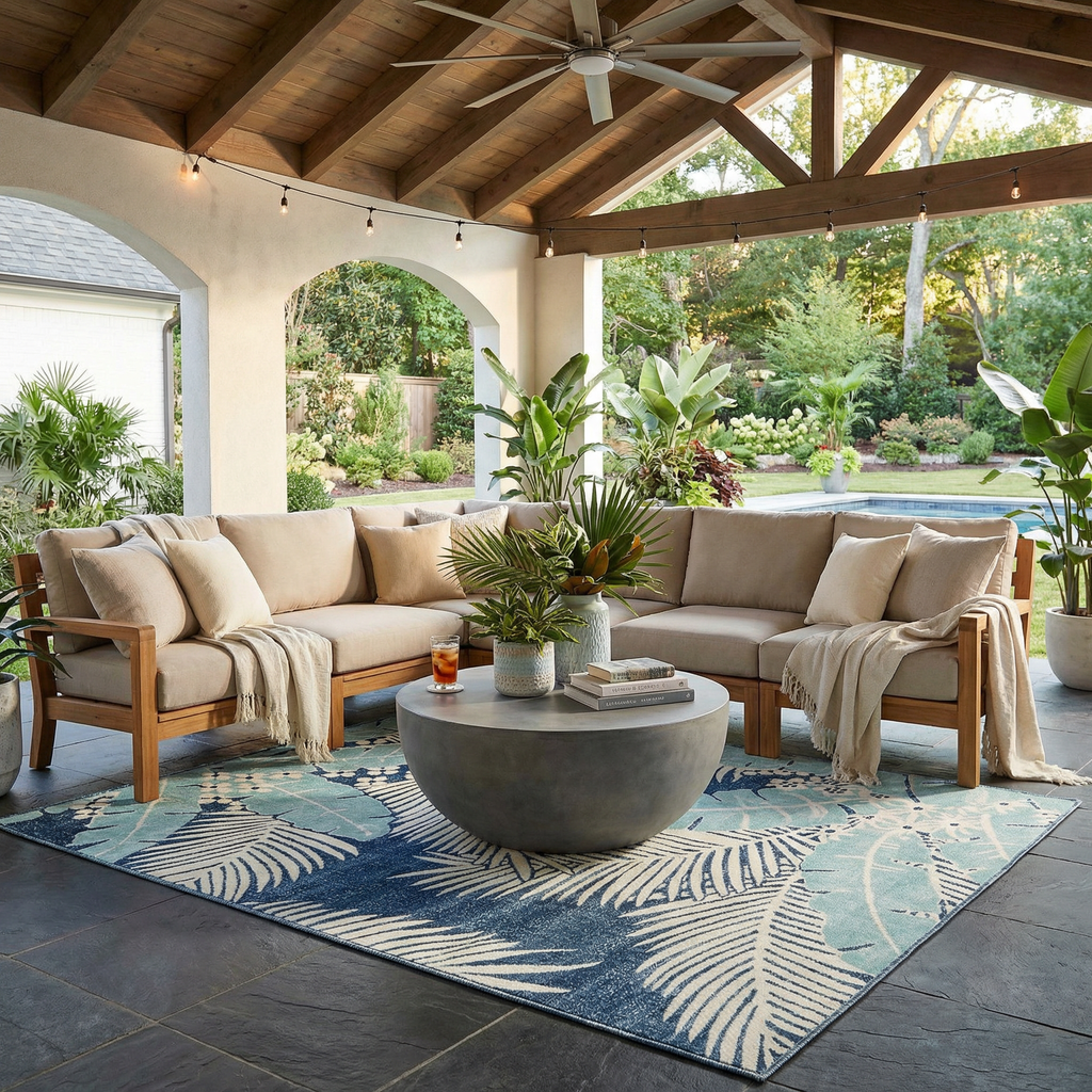 Thebarton Coastal Blue Palm Outdoor Area Rug