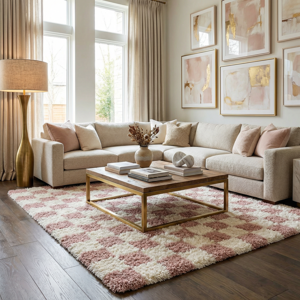 Atira Pink Checkered Shag Rug