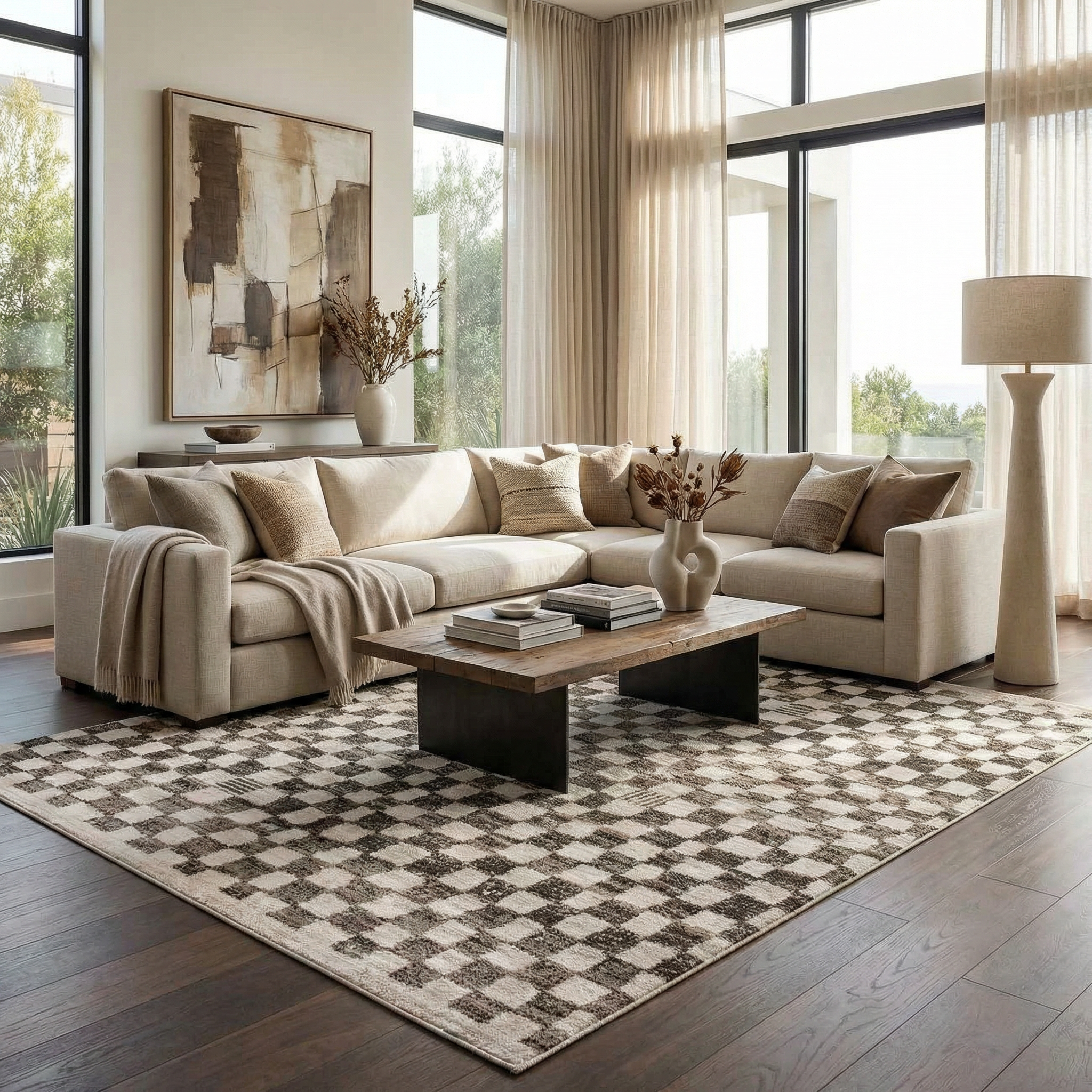 Benjy Cream & Charcoal Checkered Area Rug