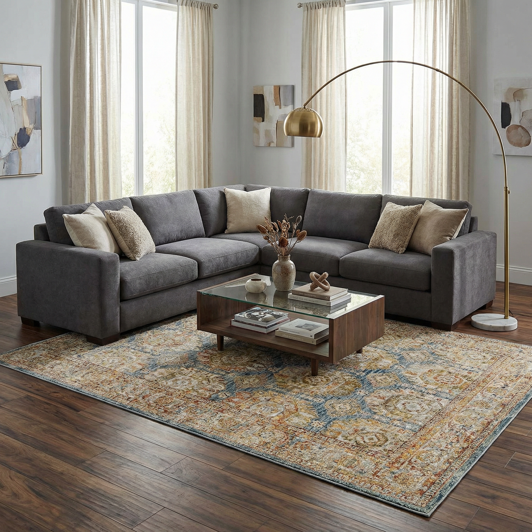 Crescentia Blue & Beige Textured Rug with Fringes